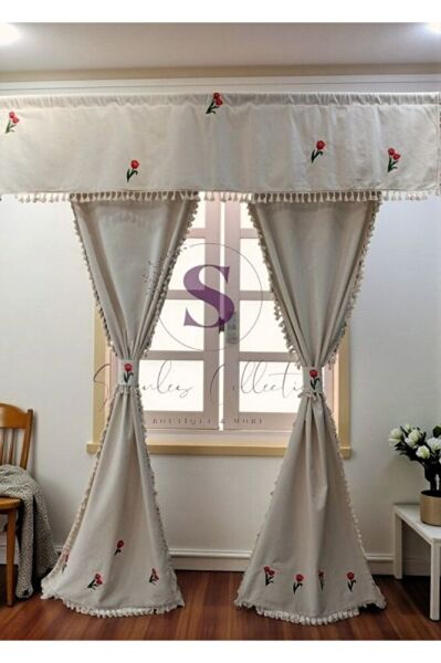 LALE NAKIŞLI NATUREL Vintage Pamuk Keten FARBELA Perde (BOY X EN) PİLESİZ