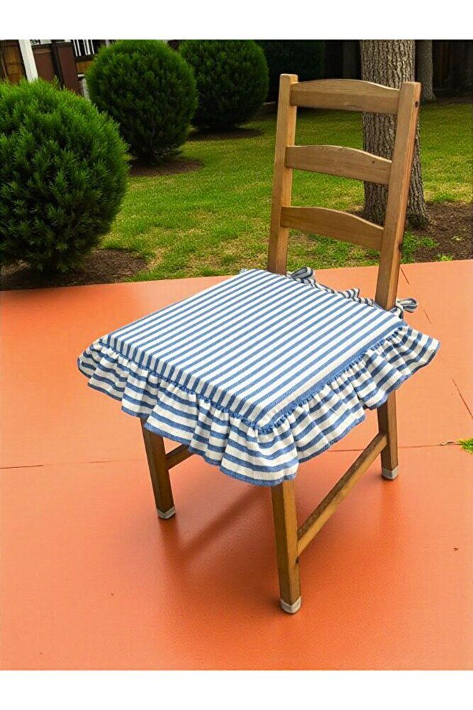 MAVİ ÇİZGİLİ BULDAN YIKANMIS KETEN 4 TARAFI FIRFIRLI SANDALYE MİNDERİ