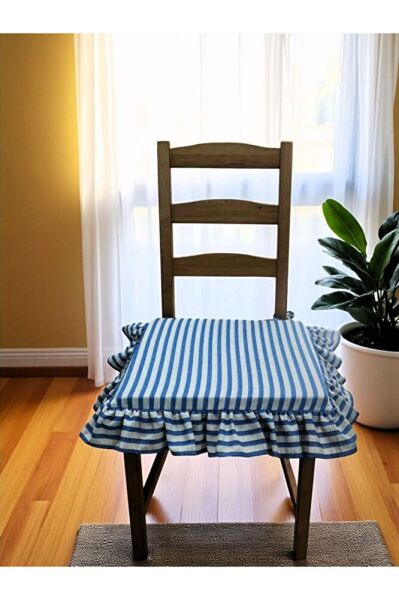 MAVİ ÇİZGİLİ BULDAN YIKANMIS KETEN 4 TARAFI FIRFIRLI SANDALYE MİNDERİ