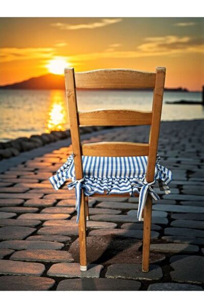 MAVİ ÇİZGİLİ BULDAN YIKANMIS KETEN 4 TARAFI FIRFIRLI SANDALYE MİNDERİ