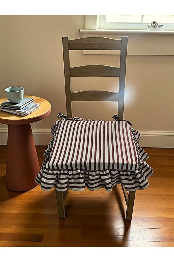 BORDO ÇİZGİLİ BULDAN YIKANMIS KETEN 4 TARAFI FIRFIRLI SANDALYE MİNDERİ