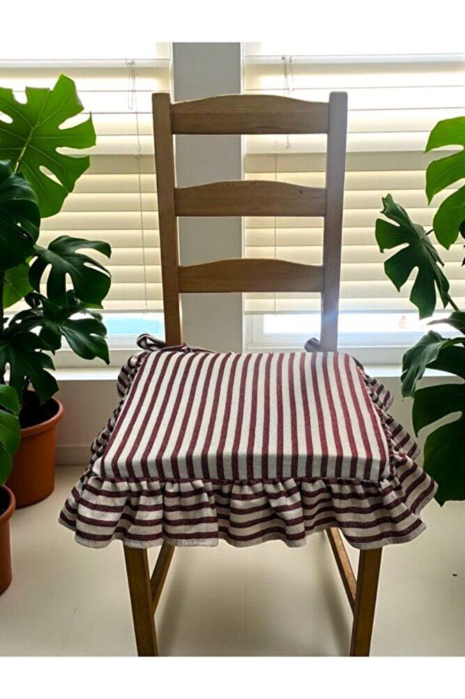 BORDO ÇİZGİLİ BULDAN YIKANMIS KETEN 4 TARAFI FIRFIRLI SANDALYE MİNDERİ