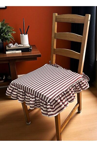 BORDO ÇİZGİLİ BULDAN YIKANMIS KETEN 4 TARAFI FIRFIRLI SANDALYE MİNDERİ