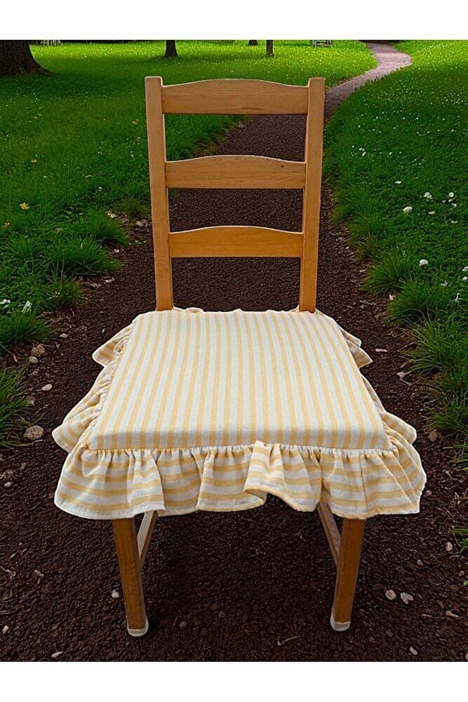 SARI ÇİZGİLİ BULDAN YIKANMIS KETEN 4 TARAFI FIRFIRLI SANDALYE MİNDERİ