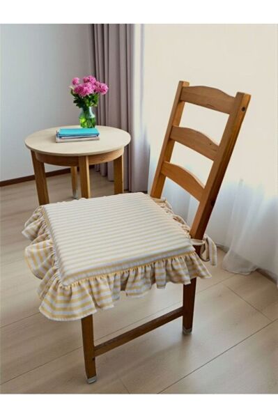 SARI ÇİZGİLİ BULDAN YIKANMIS KETEN 4 TARAFI FIRFIRLI SANDALYE MİNDERİ