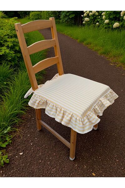SARI ÇİZGİLİ BULDAN YIKANMIS KETEN 4 TARAFI FIRFIRLI SANDALYE MİNDERİ