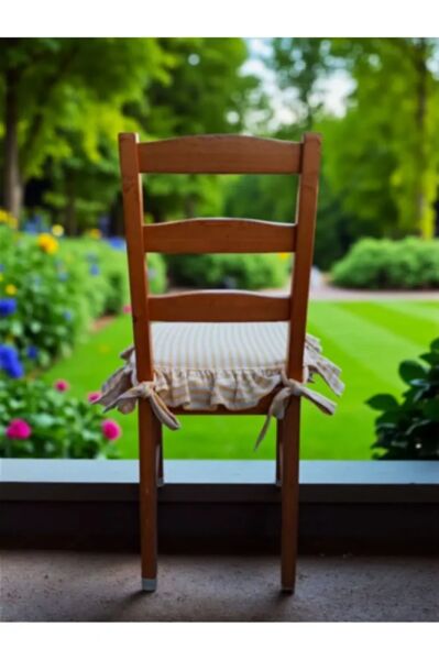 SARI ÇİZGİLİ BULDAN YIKANMIS KETEN 4 TARAFI FIRFIRLI SANDALYE MİNDERİ