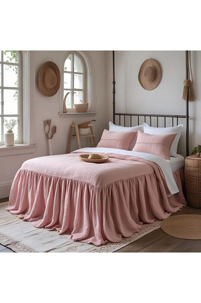 Rustik Şık Keten FırfırLı - Yumuşak PEMBE Yatak Eteği 180x200