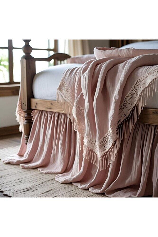 Rustik Şık Keten FırfırLı - Yumuşak PEMBE Yatak Eteği 90 x 200