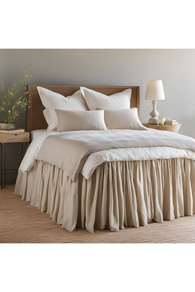 Rustik Şık Keten FırfırLı - Yumuşak Naturel Yatak Eteği 180x200