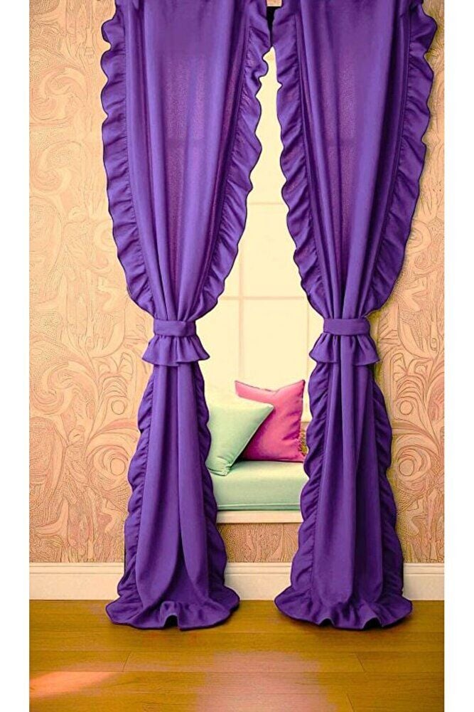 CİFT TARAFLI FIRFIRLI MOR Vintage Pamuk Keten Perde (EN X BOY) - Tek Kanat - Pilesiz