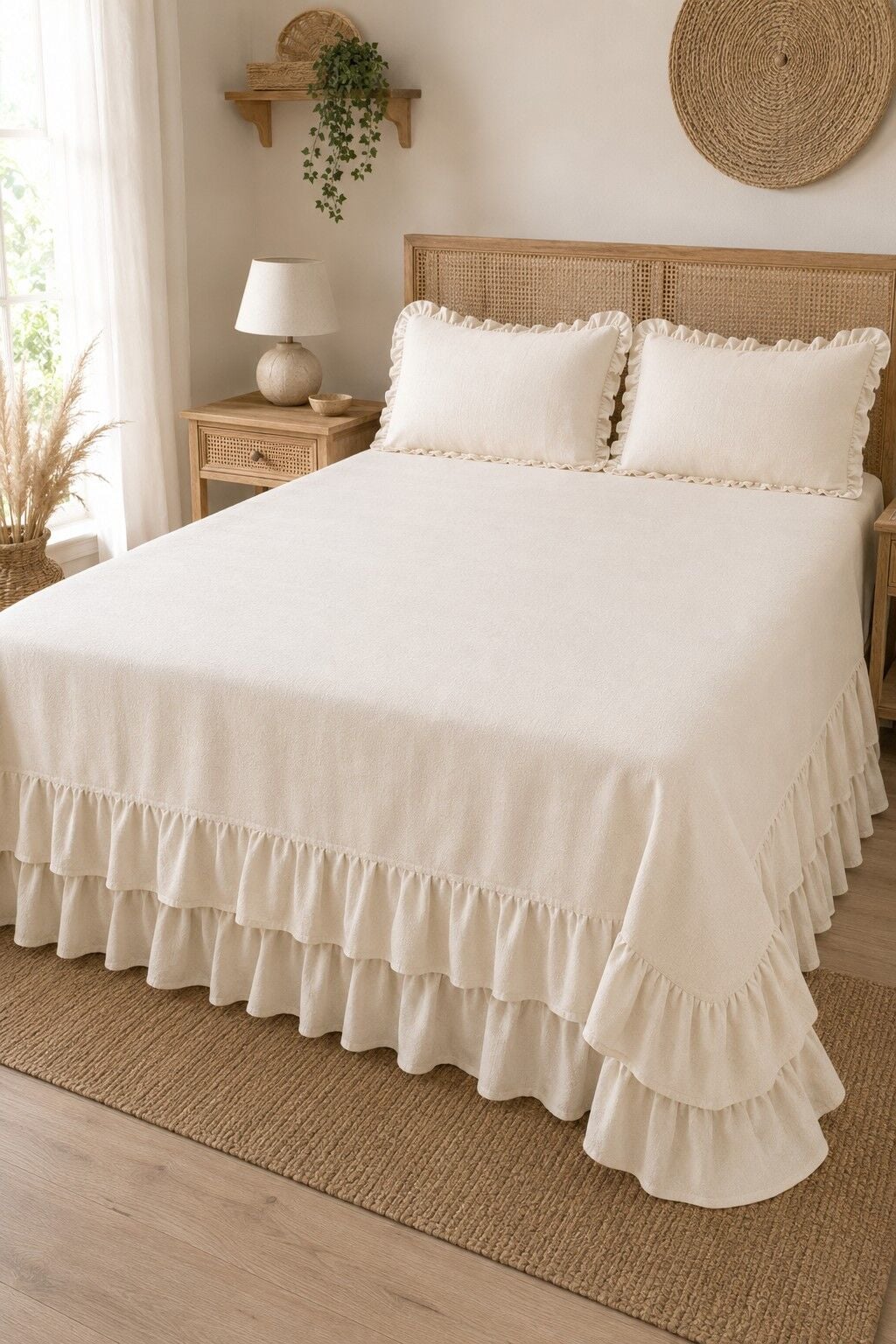 Naturel Buldan %100 Pamuk Çift Kat Fırfırlı 3 Parça Çift Kişilik Yatak Örtüsü Takımı 240x260 cm