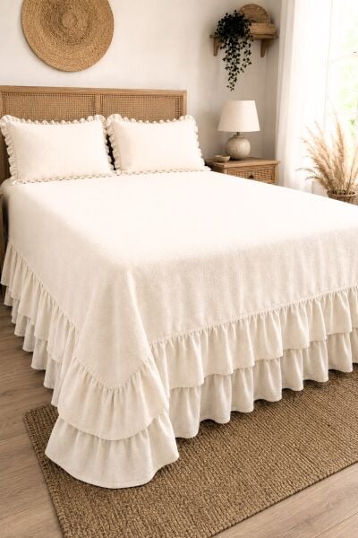 Naturel Buldan %100 Pamuk Çift Kat Fırfırlı 3 Parça Çift Kişilik Yatak Örtüsü Takımı 240x260 cm
