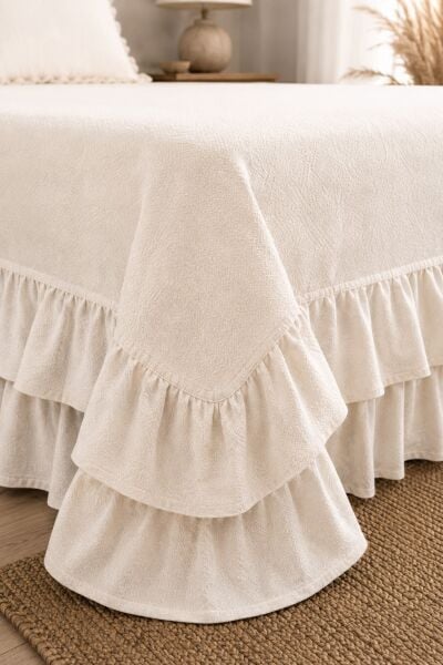 Naturel Buldan %100 Pamuk Çift Kat Fırfırlı 3 Parça Çift Kişilik Yatak Örtüsü Takımı 240x260 cm