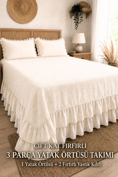 Naturel Buldan %100 Pamuk Çift Kat Fırfırlı 3 Parça Çift Kişilik Yatak Örtüsü Takımı 240x260 cm