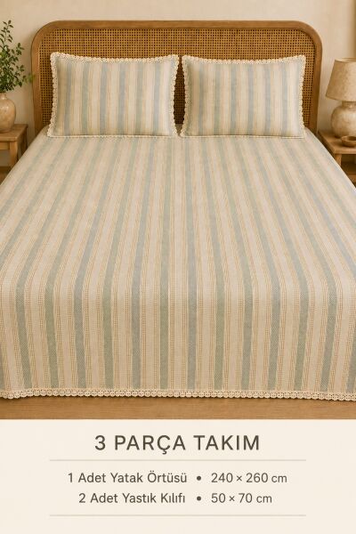 Naturel Buldan %100 Pamuk Çift Kat Fırfırlı 3 Parça Çift Kişilik Yatak Örtüsü Takımı 240x260 cm