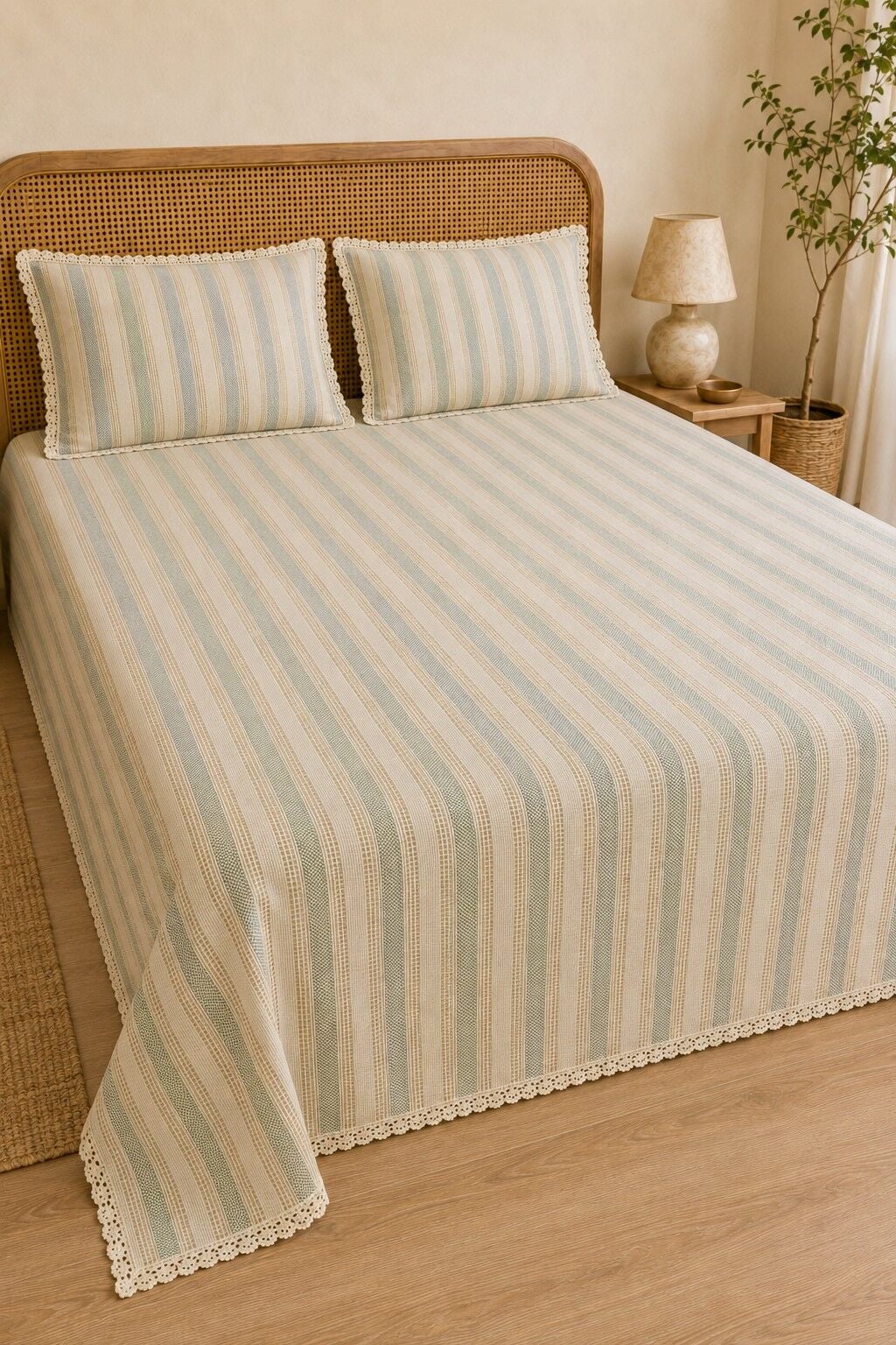 Naturel Buldan %100 Pamuk Çift Kat Fırfırlı 3 Parça Çift Kişilik Yatak Örtüsü Takımı 240x260 cm