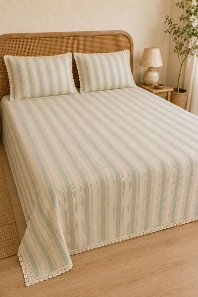 Naturel Buldan %100 Pamuk Çift Kat Fırfırlı 3 Parça Çift Kişilik Yatak Örtüsü Takımı 240x260 cm