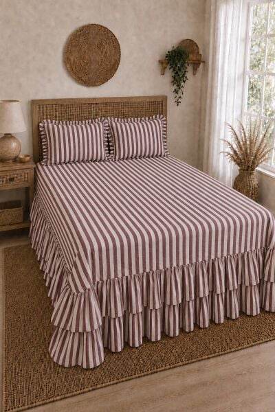 BORDO ÇİZGİLİ Buldan %100 Pamuk Çift Kat Fırfırlı 3 Parça Çift Kişilik Yatak Örtüsü Takımı 240x260 cm