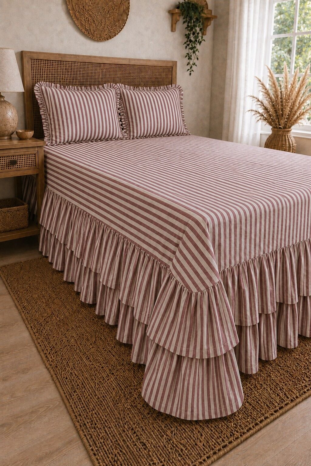 BORDO ÇİZGİLİ Buldan %100 Pamuk Çift Kat Fırfırlı 3 Parça Çift Kişilik Yatak Örtüsü Takımı 240x260 cm