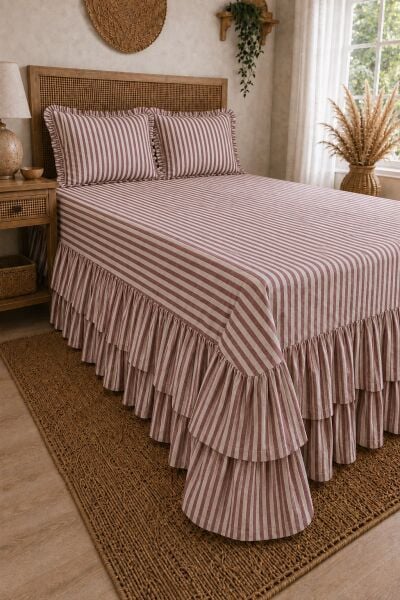BORDO ÇİZGİLİ Buldan %100 Pamuk Çift Kat Fırfırlı 3 Parça Çift Kişilik Yatak Örtüsü Takımı 240x260 cm