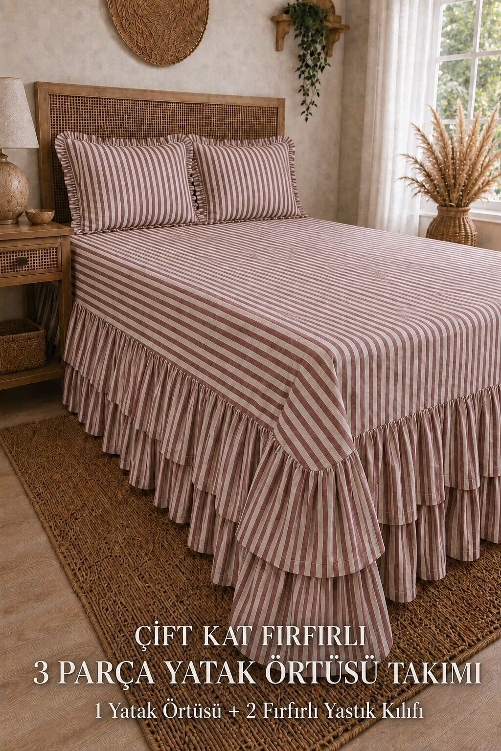 BORDO ÇİZGİLİ Buldan %100 Pamuk Çift Kat Fırfırlı 3 Parça Çift Kişilik Yatak Örtüsü Takımı 240x260 cm