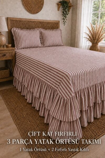 BORDO ÇİZGİLİ Buldan %100 Pamuk Çift Kat Fırfırlı 3 Parça Çift Kişilik Yatak Örtüsü Takımı 240x260 cm