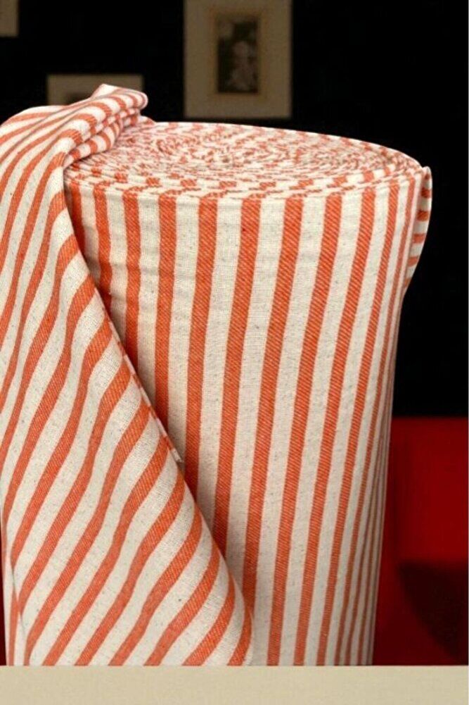 Turuncu Çizgili Keten Kumaş- Keten Kumaş 100x230 cm