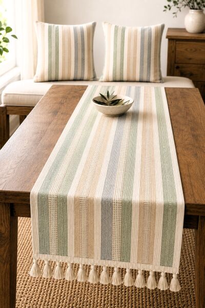 VİNTAGE COUNTRY ÇİZGİLİ DOKUMA 3 PARÇA SALON SETİ – 40×140 PÜSKÜLLÜ RUNNER VE 2 ADET 45×45 KIRLENT KILIFI