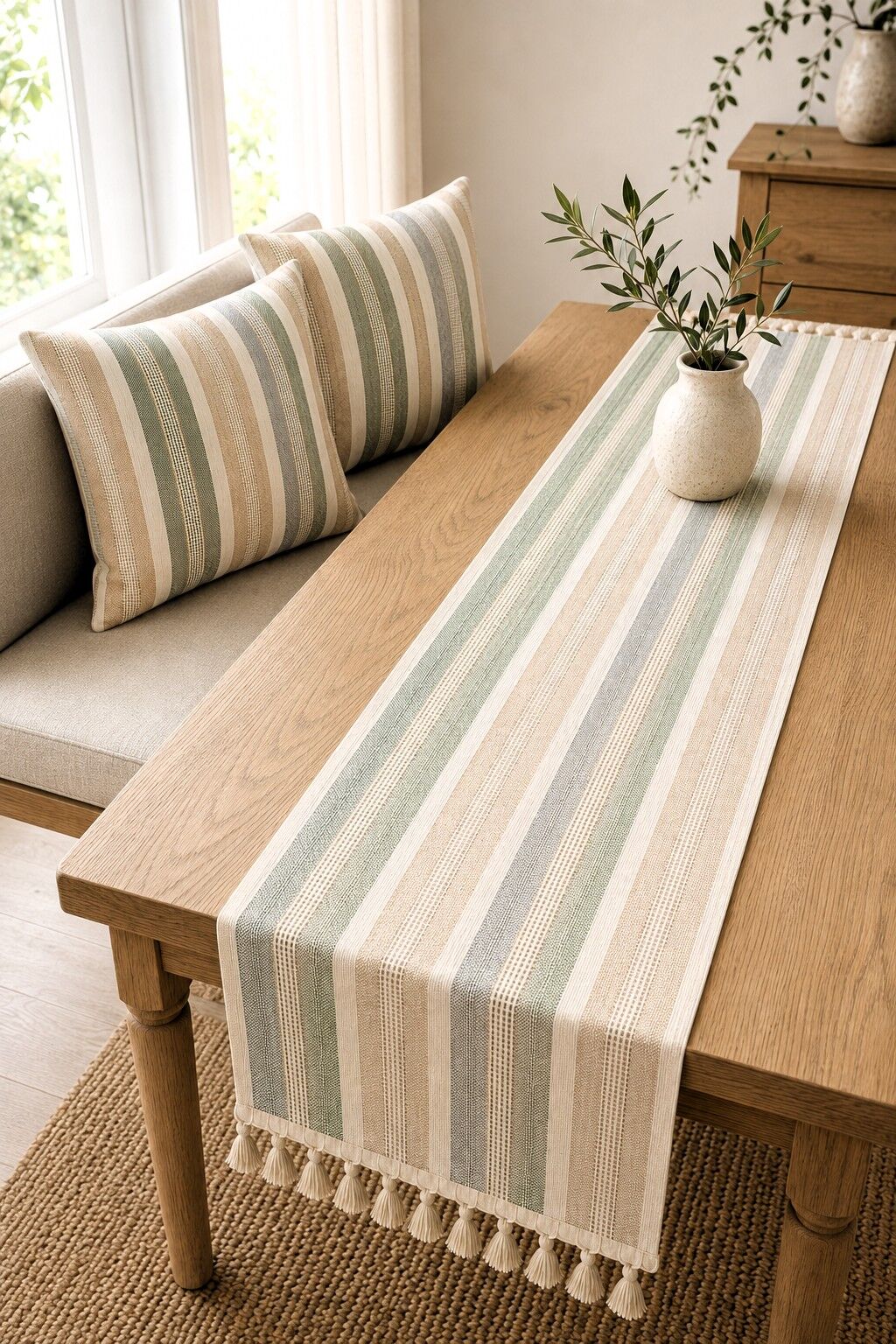 VİNTAGE COUNTRY ÇİZGİLİ DOKUMA 3 PARÇA SALON SETİ – 40×140 PÜSKÜLLÜ RUNNER VE 2 ADET 45×45 KIRLENT KILIFI