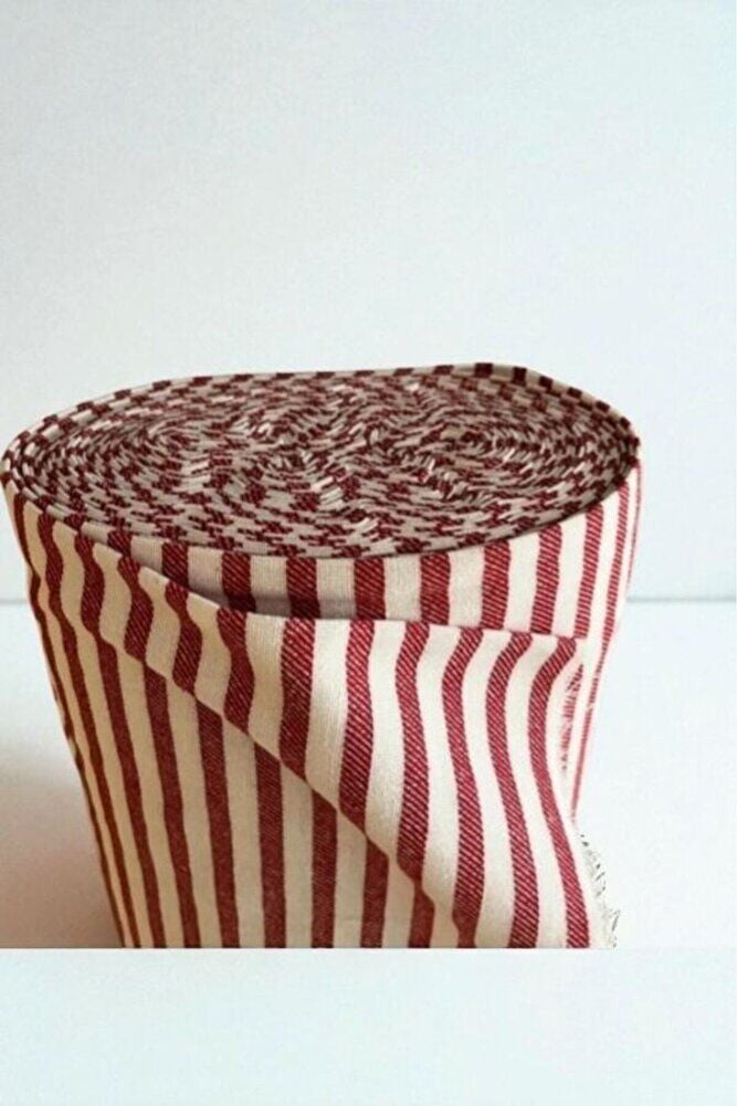 Çizgili Keten Kumaş- Kırmızı Yıkanmış Çizgili Keten 100x230 cm