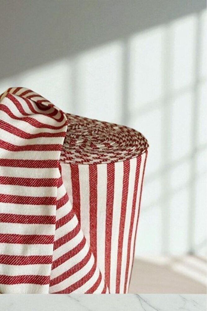 Çizgili Keten Kumaş- Kırmızı Yıkanmış Çizgili Keten 100x230 cm