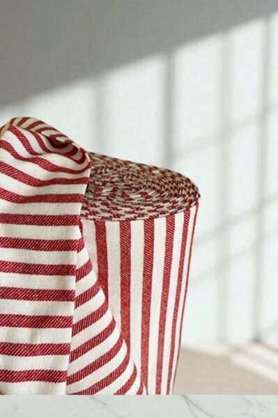 Çizgili Keten Kumaş- Kırmızı Yıkanmış Çizgili Keten 100x230 cm