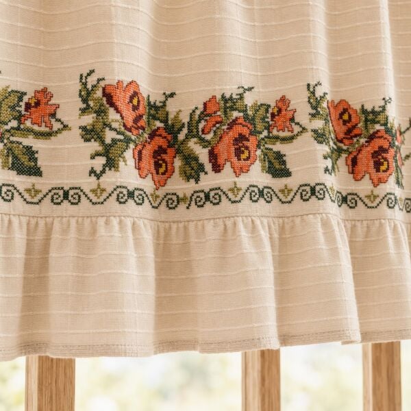 Romantik Ege Turuncu Gül Kanaviçe Monica Fırfırlı Farbela Perde 50 x 200