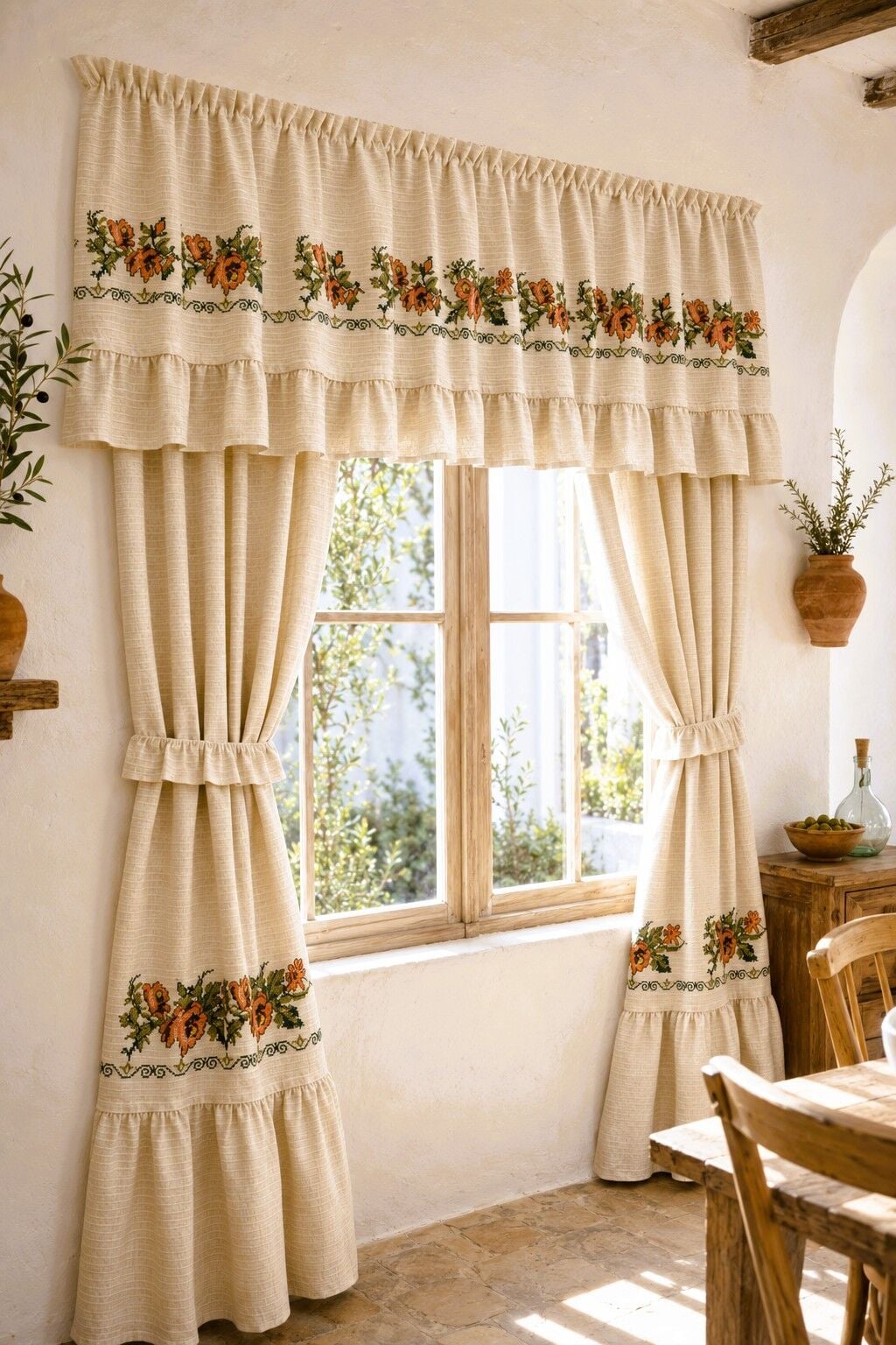 Romantik Ege Turuncu Gül Kanaviçe Monica Fırfırlı Farbela Perde 50 x100
