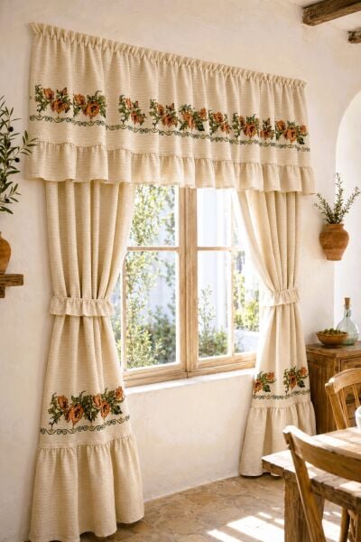 Romantik Ege Turuncu Gül Kanaviçe Monica Fırfırlı Farbela Perde 50 x100