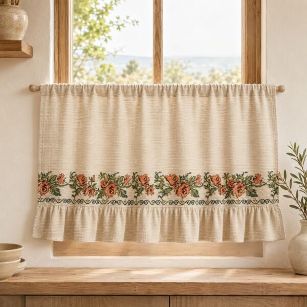 Romantik Ege Turuncu Gül Kanaviçe Monica Fırfırlı Farbela Perde 50x300