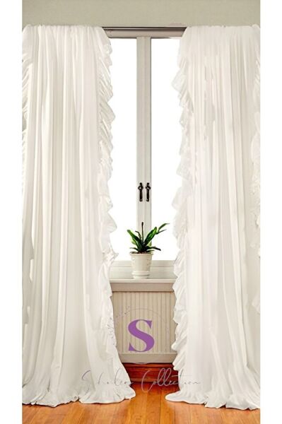 CİFT TARAFLI FIRFIRLI BEYAZ Vintage Pamuk Keten Perde (EN X BOY) - Tek Kanat - Pilesiz