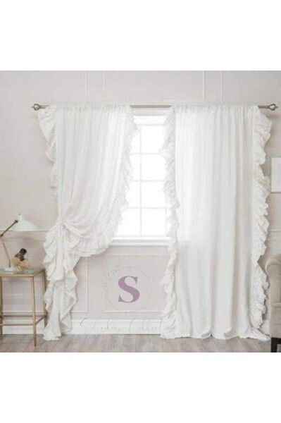 CİFT TARAFLI FIRFIRLI BEYAZ Vintage Pamuk Keten Perde (EN X BOY) - Tek Kanat - Pilesiz