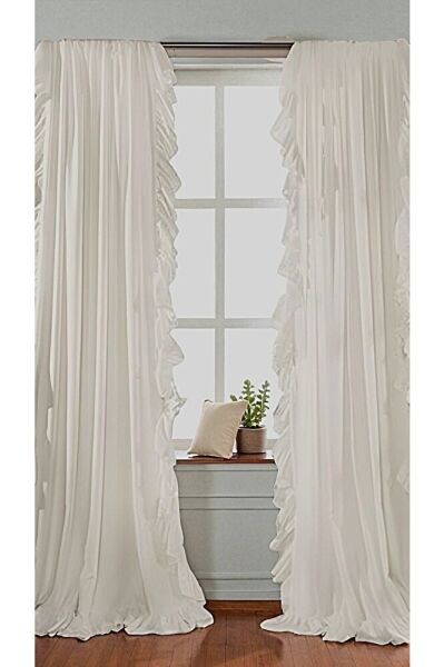 CİFT TARAFLI FIRFIRLI BEYAZ Vintage Pamuk Keten Perde (EN X BOY) - Tek Kanat - Pilesiz