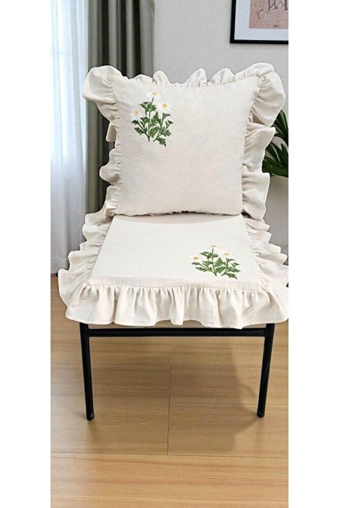 EL YAPIMI BULDAN YIKANMIS KETEN PAPATYA NAKISLI FIRFIRLI SANDALYE MİNDERİ