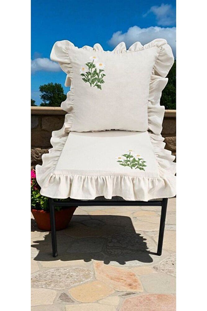 EL YAPIMI BULDAN YIKANMIS KETEN PAPATYA NAKISLI FIRFIRLI SANDALYE MİNDERİ