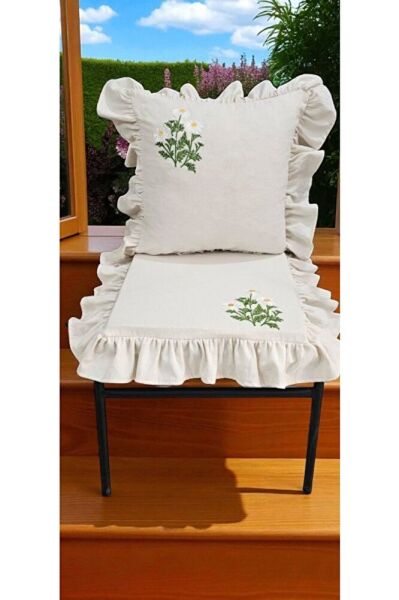 EL YAPIMI BULDAN YIKANMIS KETEN PAPATYA NAKISLI FIRFIRLI SANDALYE MİNDERİ