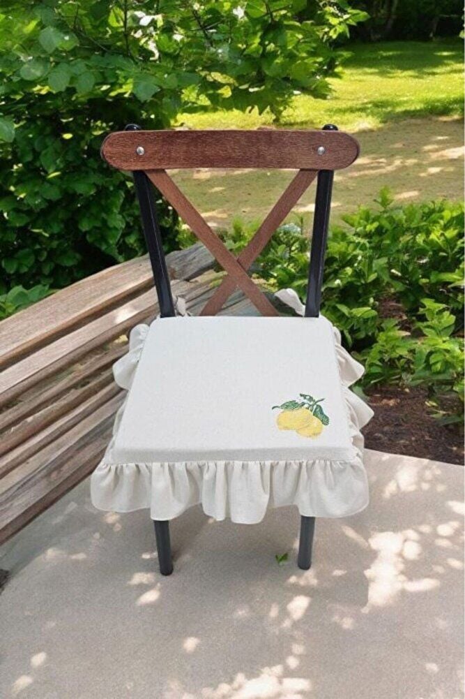 EL YAPIMI BULDAN YIKANMIS KETEN LİMON NAKISLI FIRFIRLI SANDALYE MİNDERİ