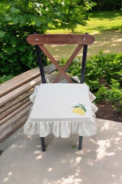 EL YAPIMI BULDAN YIKANMIS KETEN LİMON NAKISLI FIRFIRLI SANDALYE MİNDERİ