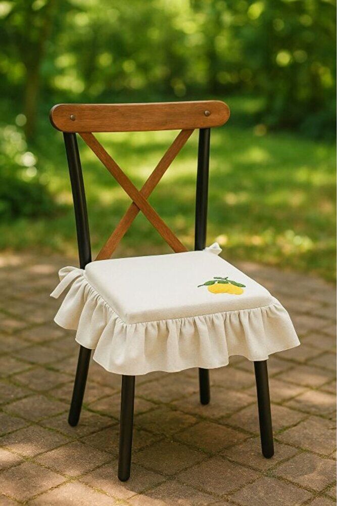 EL YAPIMI BULDAN YIKANMIS KETEN LİMON NAKISLI FIRFIRLI SANDALYE MİNDERİ