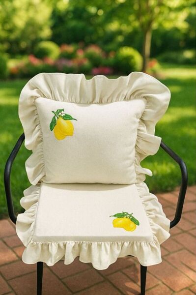 EL YAPIMI BULDAN YIKANMIS KETEN LİMON NAKISLI FIRFIRLI SANDALYE MİNDERİ