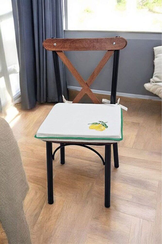 EL YAPIMI BULDAN YIKANMIS KETEN LİMON NAKISLI BİYELİ SANDALYE MİNDERİ