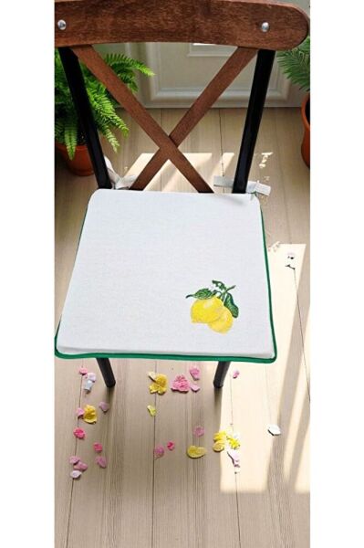 EL YAPIMI BULDAN YIKANMIS KETEN LİMON NAKISLI BİYELİ SANDALYE MİNDERİ