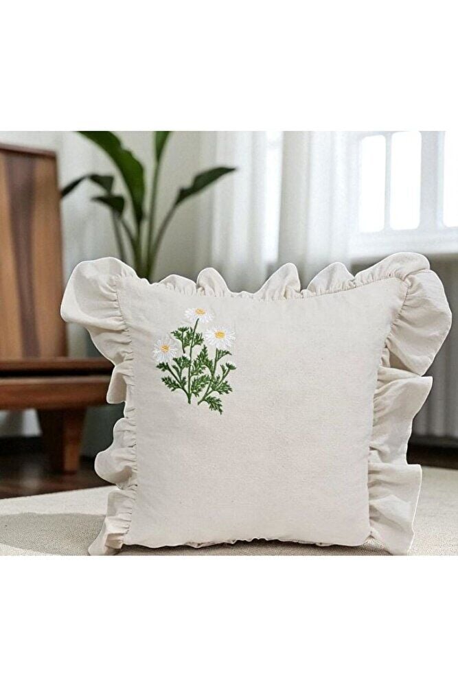 Yıkanmış Keten PAPATYA NAKISLI Fırfırlı Kırlent Kılıfı